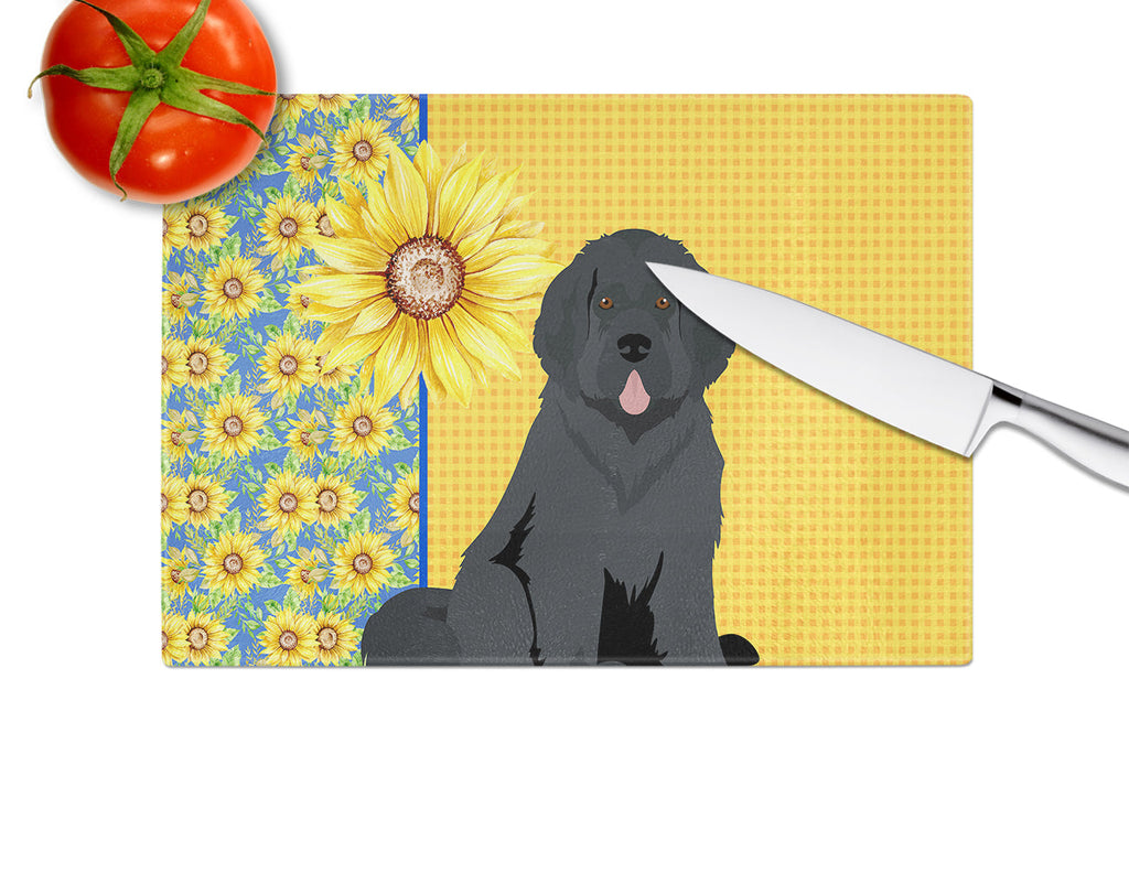 Summer Sunflowers Black Newfoundland Cutting Board Tempered Glass Kitchen Cutting Surface, Heat Resistant Chopping, Non-Slip Feet, Food Prep & Serving