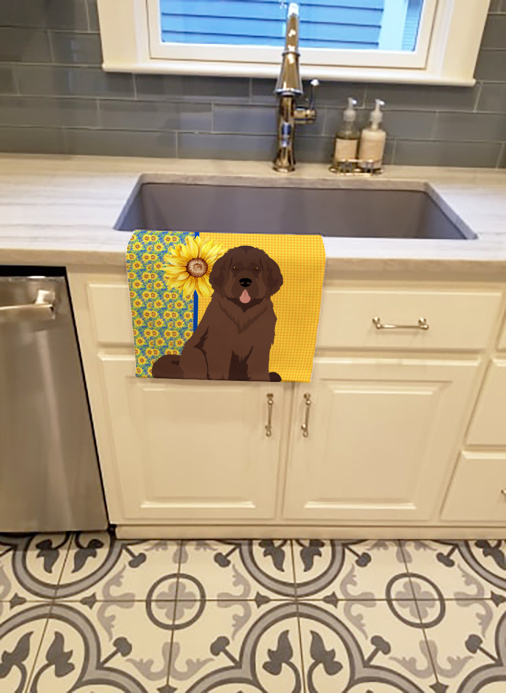 Summer Sunflowers Brown Newfoundland Kitchen Towel Velour Plush Front and Cotton Loop Back Machine Washable