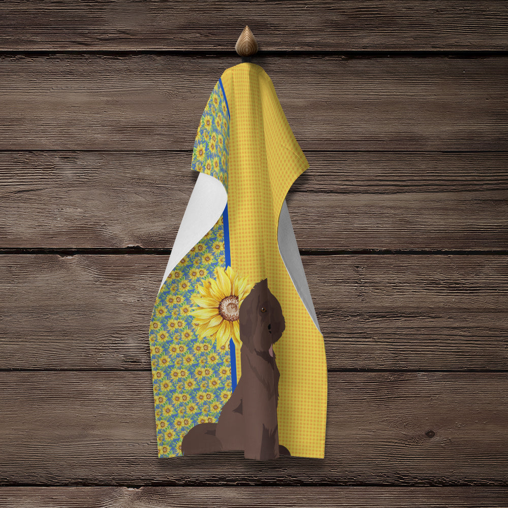 Summer Sunflowers Brown Newfoundland Kitchen Towel Velour Plush Front and Cotton Loop Back Machine Washable