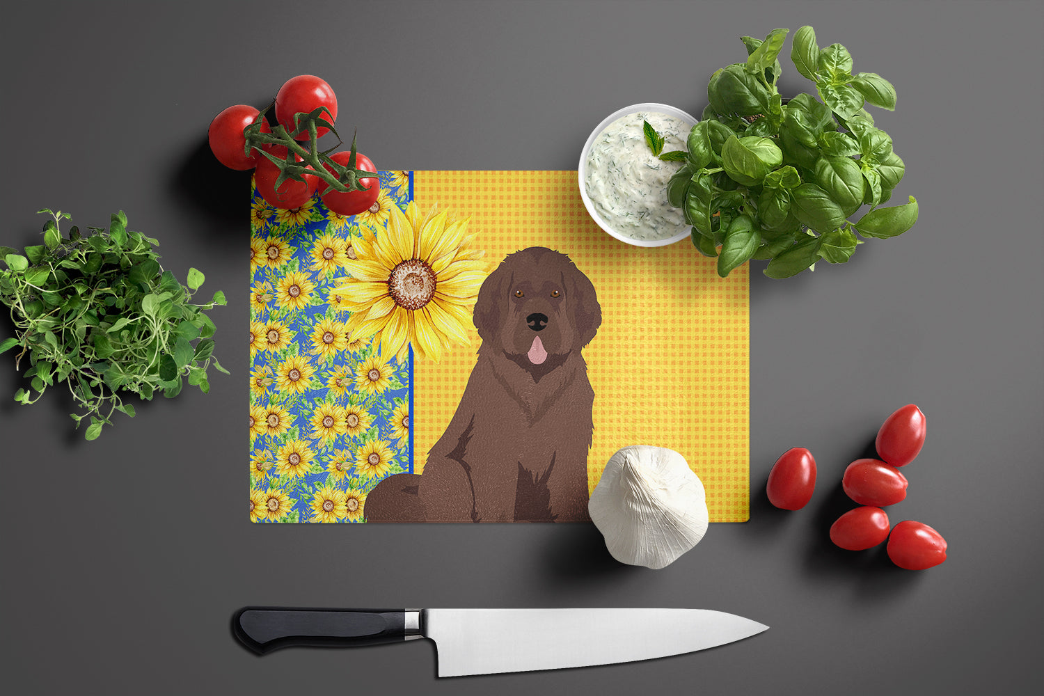 Summer Sunflowers Brown Newfoundland Cutting Board Tempered Glass Kitchen Cutting Surface, Heat Resistant Chopping, Non-Slip Feet, Food Prep & Serving