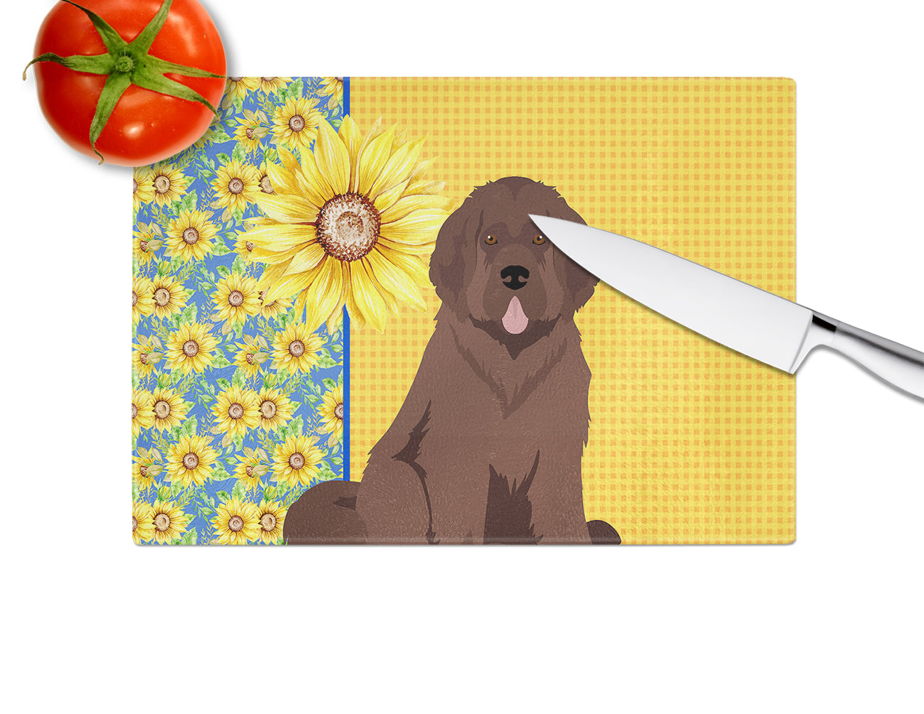 Summer Sunflowers Brown Newfoundland Cutting Board Tempered Glass Kitchen Cutting Surface, Heat Resistant Chopping, Non-Slip Feet, Food Prep & Serving