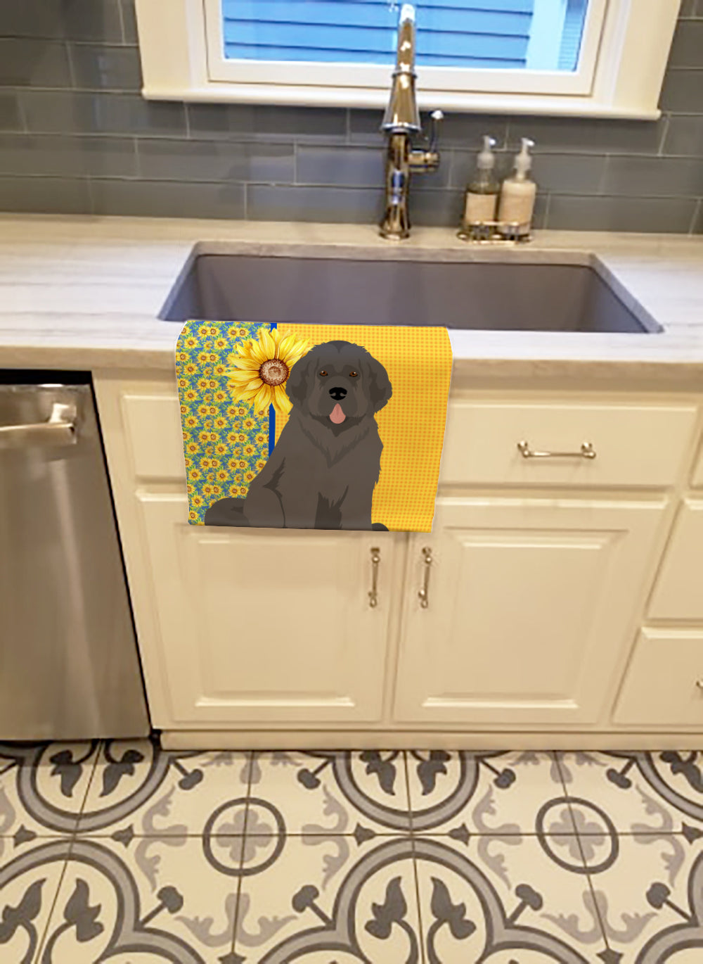 Summer Sunflowers Grey Newfoundland Kitchen Towel Velour Plush Front and Cotton Loop Back Machine Washable