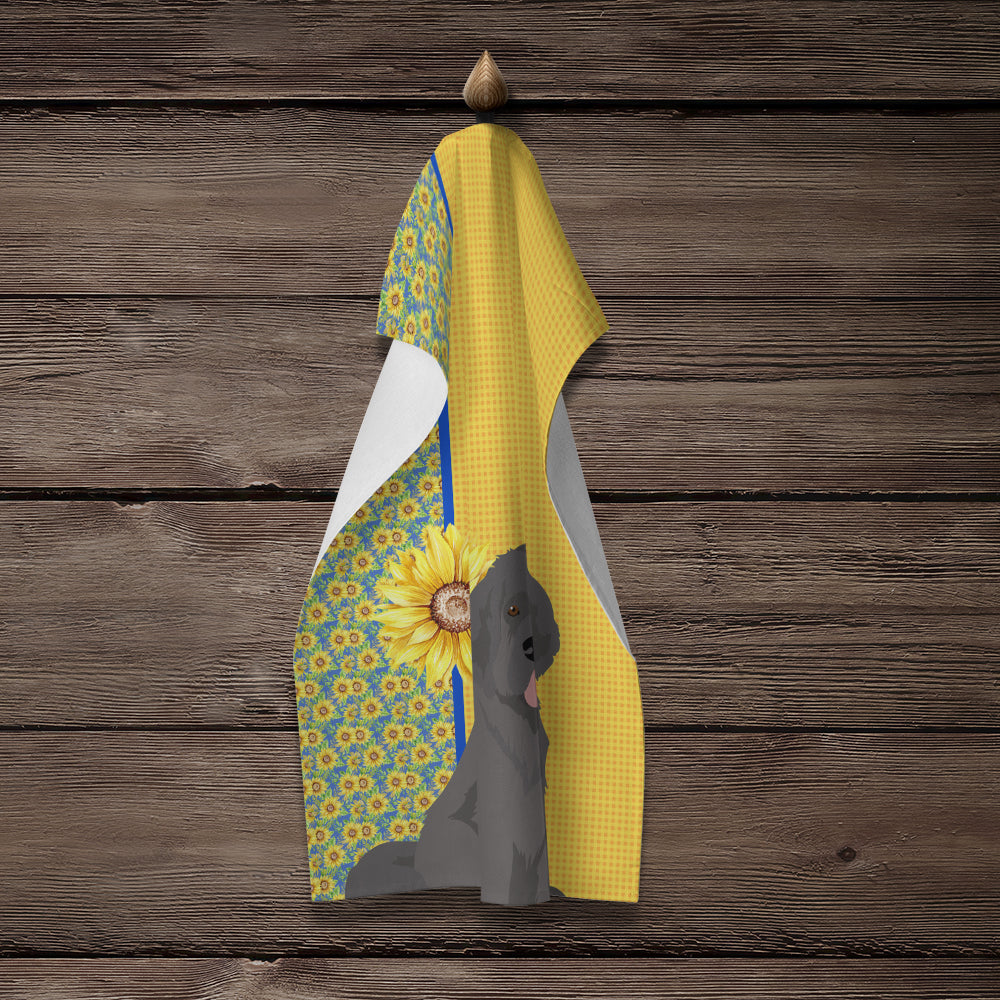 Summer Sunflowers Grey Newfoundland Kitchen Towel Velour Plush Front and Cotton Loop Back Machine Washable