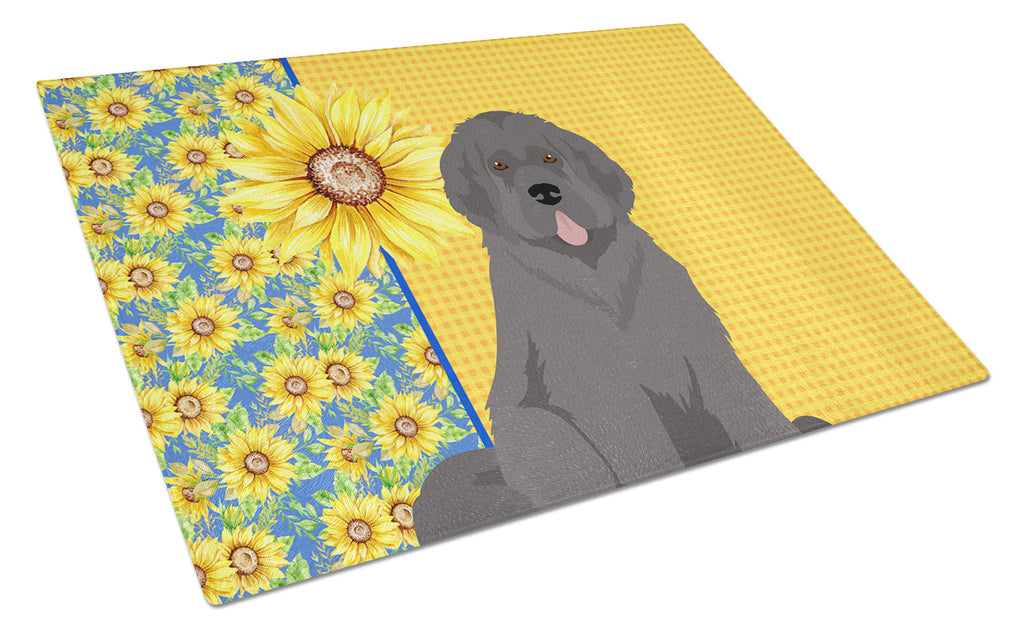 Summer Sunflowers Grey Newfoundland Cutting Board Tempered Glass Kitchen Cutting Surface, Heat Resistant Chopping, Non-Slip Feet, Food Prep & Serving