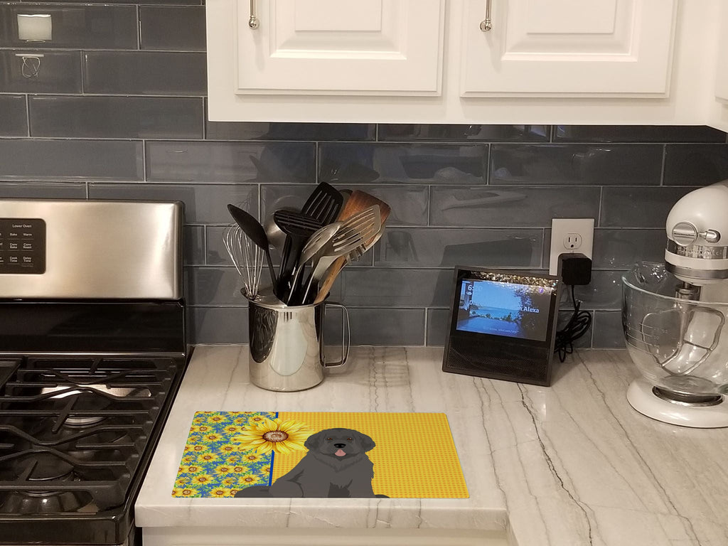Summer Sunflowers Grey Newfoundland Cutting Board Tempered Glass Kitchen Cutting Surface, Heat Resistant Chopping, Non-Slip Feet, Food Prep & Serving