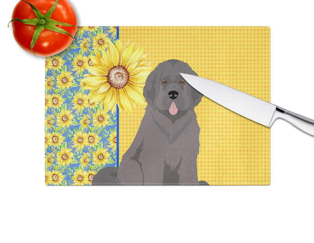 Summer Sunflowers Grey Newfoundland Cutting Board Tempered Glass Kitchen Cutting Surface, Heat Resistant Chopping, Non-Slip Feet, Food Prep & Serving