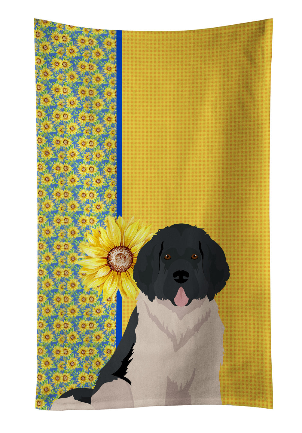 Summer Sunflowers Landseer Newfoundland Kitchen Towel Velour Plush Front and Cotton Loop Back Machine Washable