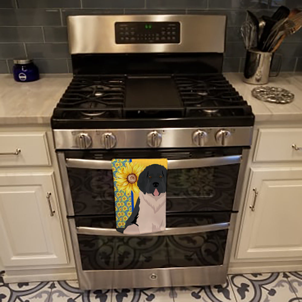 Summer Sunflowers Landseer Newfoundland Kitchen Towel Velour Plush Front and Cotton Loop Back Machine Washable