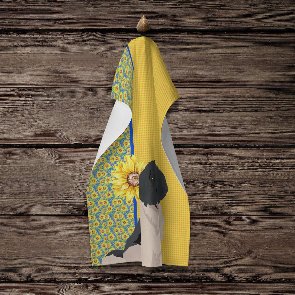 Summer Sunflowers Landseer Newfoundland Kitchen Towel Velour Plush Front and Cotton Loop Back Machine Washable