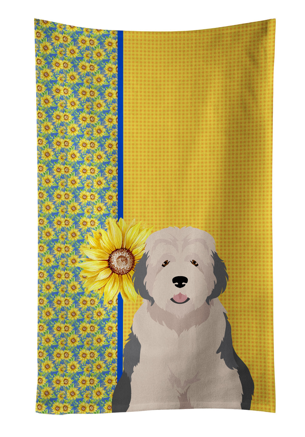 Summer Sunflowers Old English Sheepdog Kitchen Towel Velour Plush Front and Cotton Loop Back Machine Washable