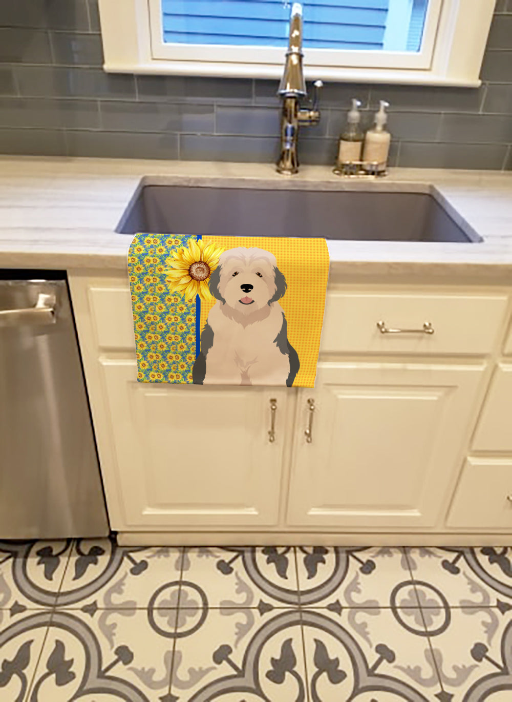 Summer Sunflowers Old English Sheepdog Kitchen Towel Velour Plush Front and Cotton Loop Back Machine Washable