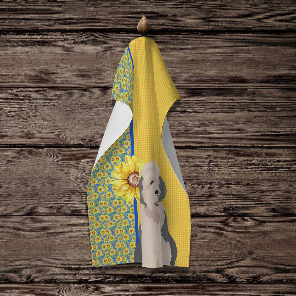 Summer Sunflowers Old English Sheepdog Kitchen Towel Velour Plush Front and Cotton Loop Back Machine Washable