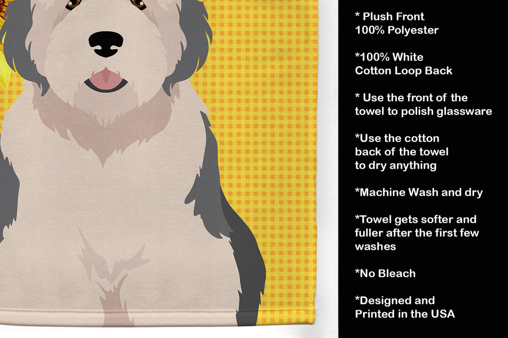 Summer Sunflowers Old English Sheepdog Kitchen Towel Velour Plush Front and Cotton Loop Back Machine Washable