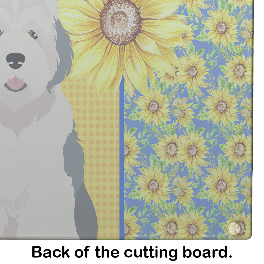 Summer Sunflowers Old English Sheepdog Cutting Board Tempered Glass Kitchen Cutting Surface, Heat Resistant Chopping, Non-Slip Feet, Food Prep & Serving