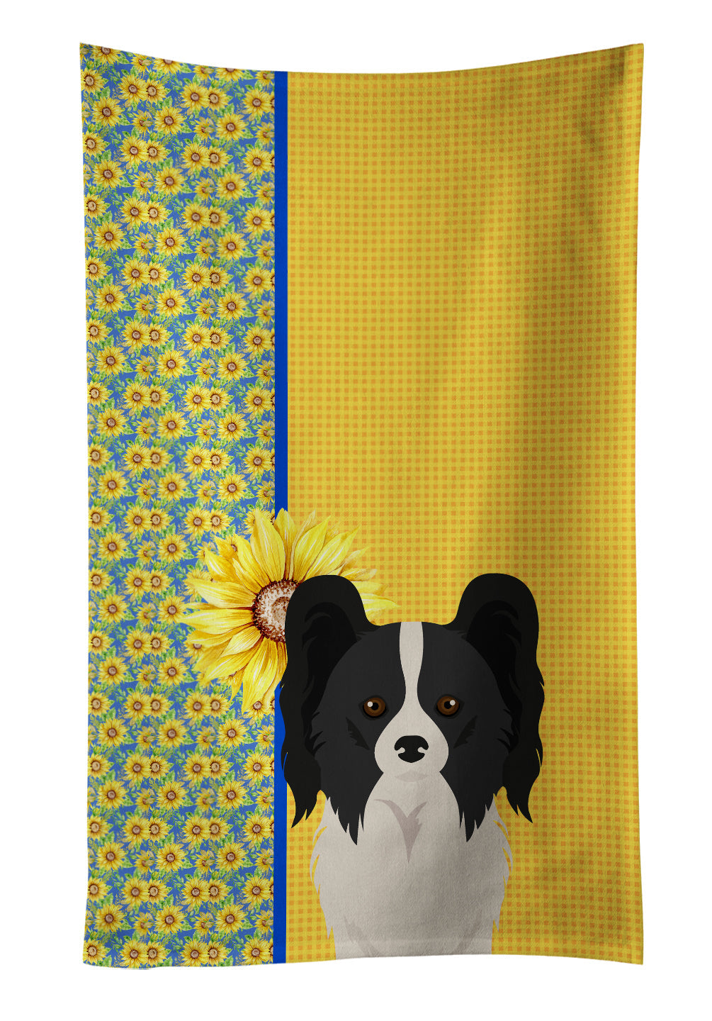 Summer Sunflowers Black and White Papillon Kitchen Towel Velour Plush Front and Cotton Loop Back Machine Washable