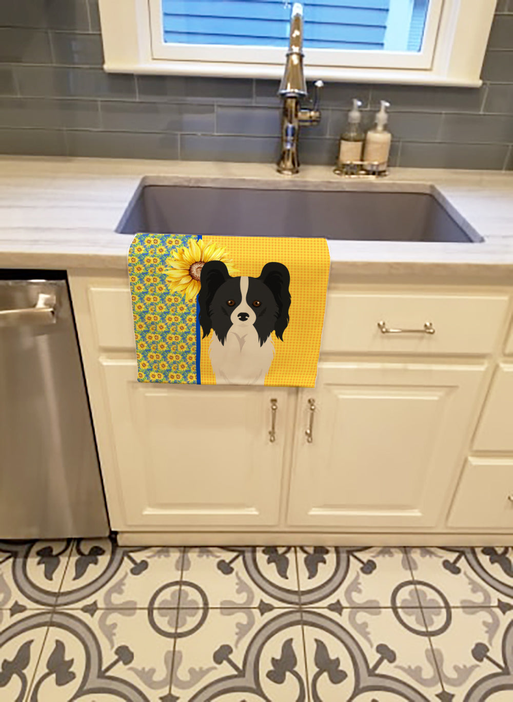 Summer Sunflowers Black and White Papillon Kitchen Towel Velour Plush Front and Cotton Loop Back Machine Washable