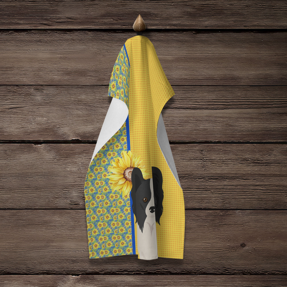 Summer Sunflowers Black and White Papillon Kitchen Towel Velour Plush Front and Cotton Loop Back Machine Washable