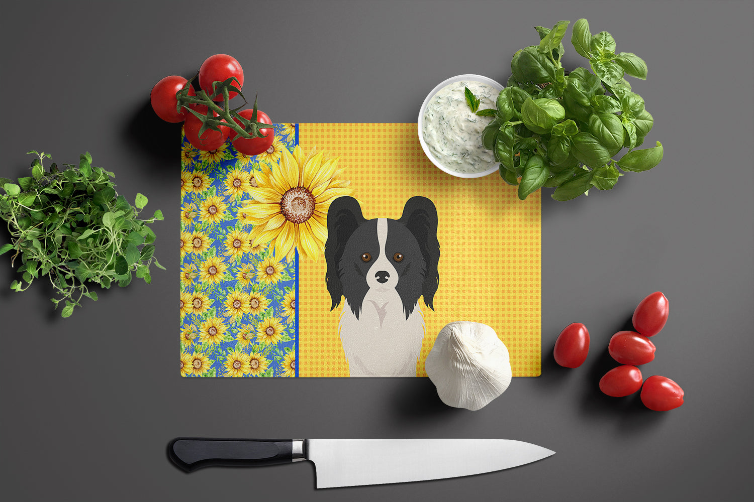 Summer Sunflowers Black and White Papillon Cutting Board Tempered Glass Kitchen Cutting Surface, Heat Resistant Chopping, Non-Slip Feet, Food Prep & Serving