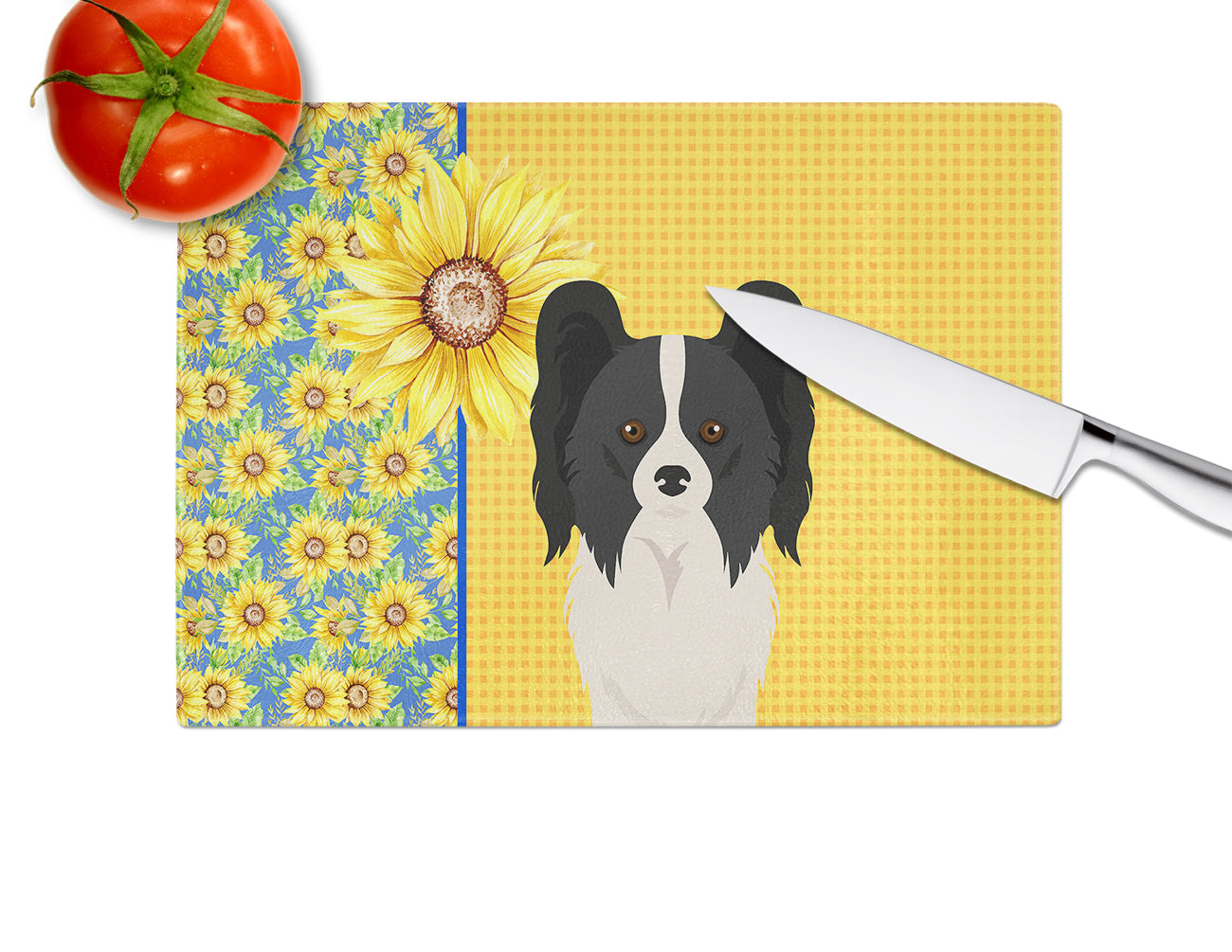 Summer Sunflowers Black and White Papillon Cutting Board Tempered Glass Kitchen Cutting Surface, Heat Resistant Chopping, Non-Slip Feet, Food Prep & Serving