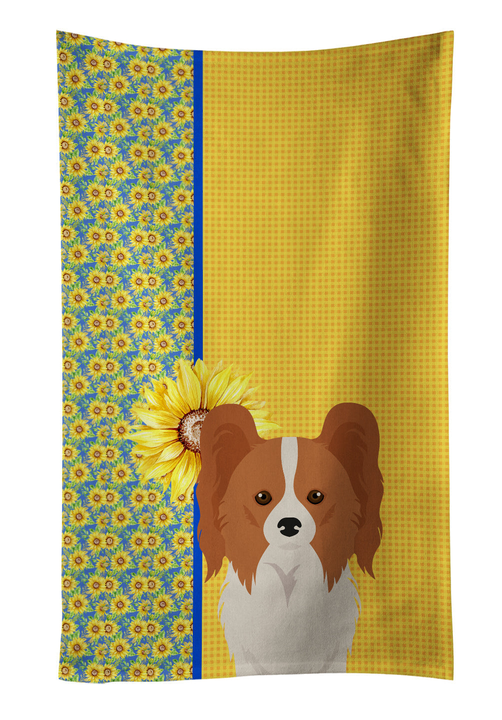 Summer Sunflowers Red and White Papillon Kitchen Towel Velour Plush Front and Cotton Loop Back Machine Washable