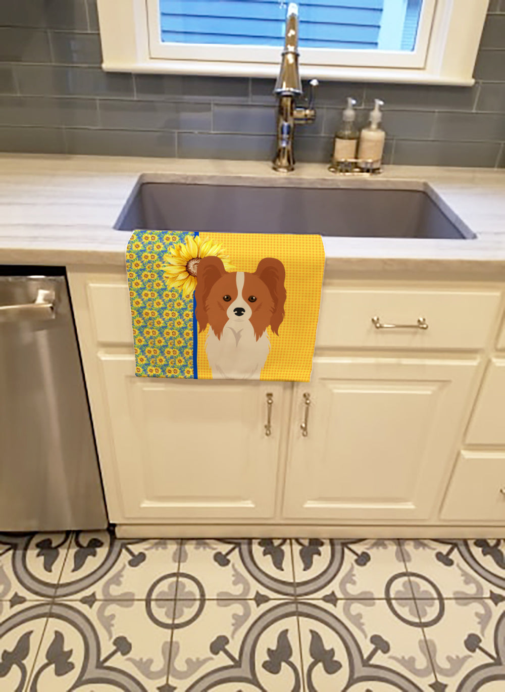 Summer Sunflowers Red and White Papillon Kitchen Towel Velour Plush Front and Cotton Loop Back Machine Washable