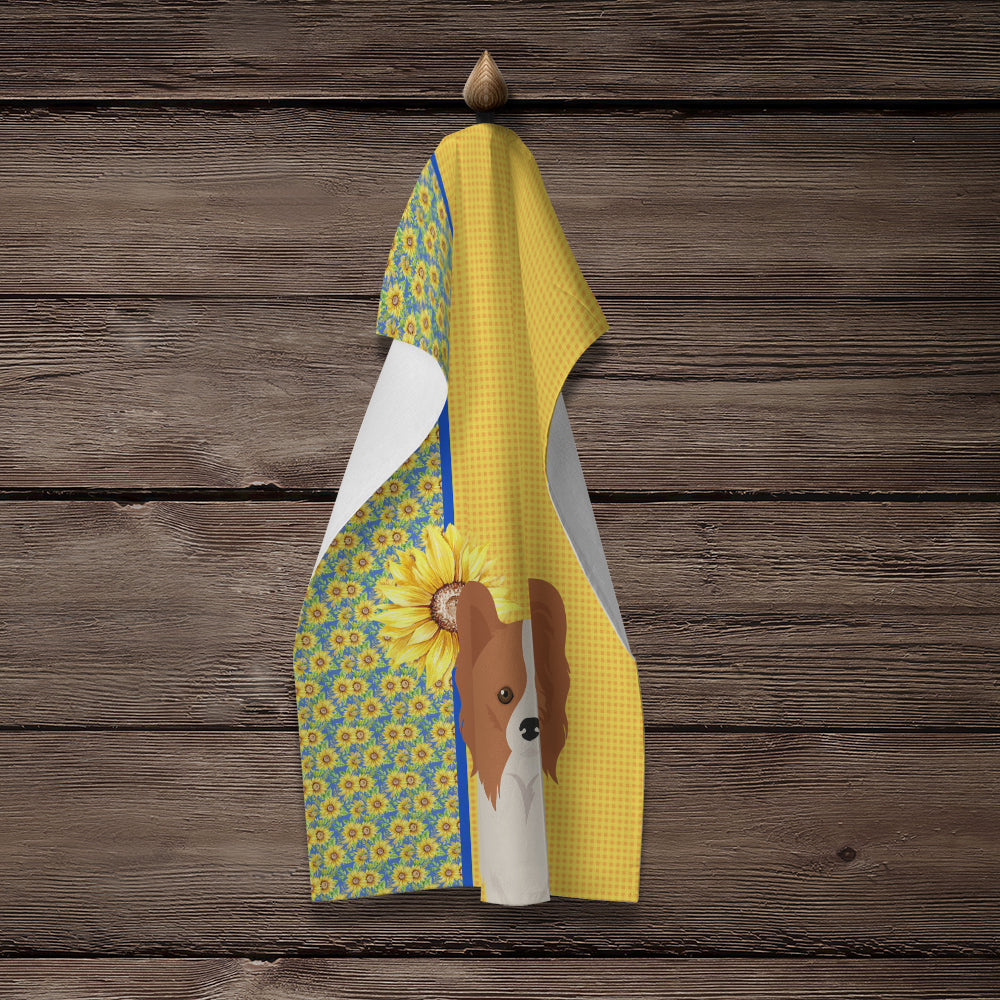 Summer Sunflowers Red and White Papillon Kitchen Towel Velour Plush Front and Cotton Loop Back Machine Washable
