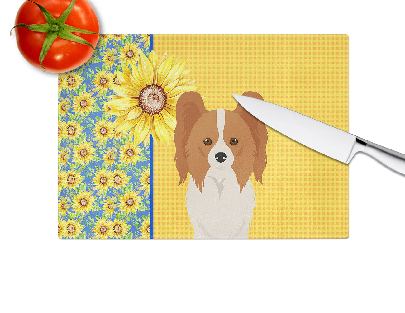 Summer Sunflowers Red and White Papillon Cutting Board Tempered Glass Kitchen Cutting Surface, Heat Resistant Chopping, Non-Slip Feet, Food Prep & Serving