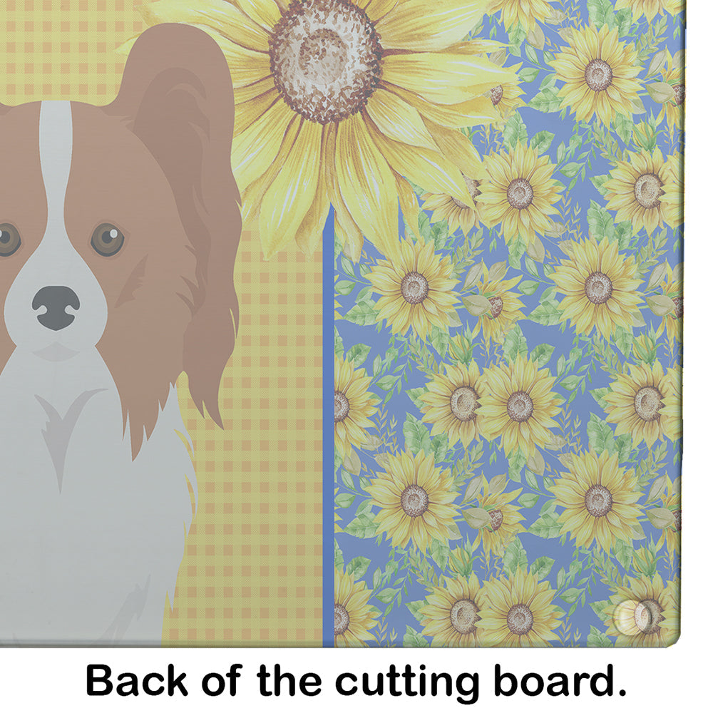 Summer Sunflowers Red and White Papillon Cutting Board Tempered Glass Kitchen Cutting Surface, Heat Resistant Chopping, Non-Slip Feet, Food Prep & Serving