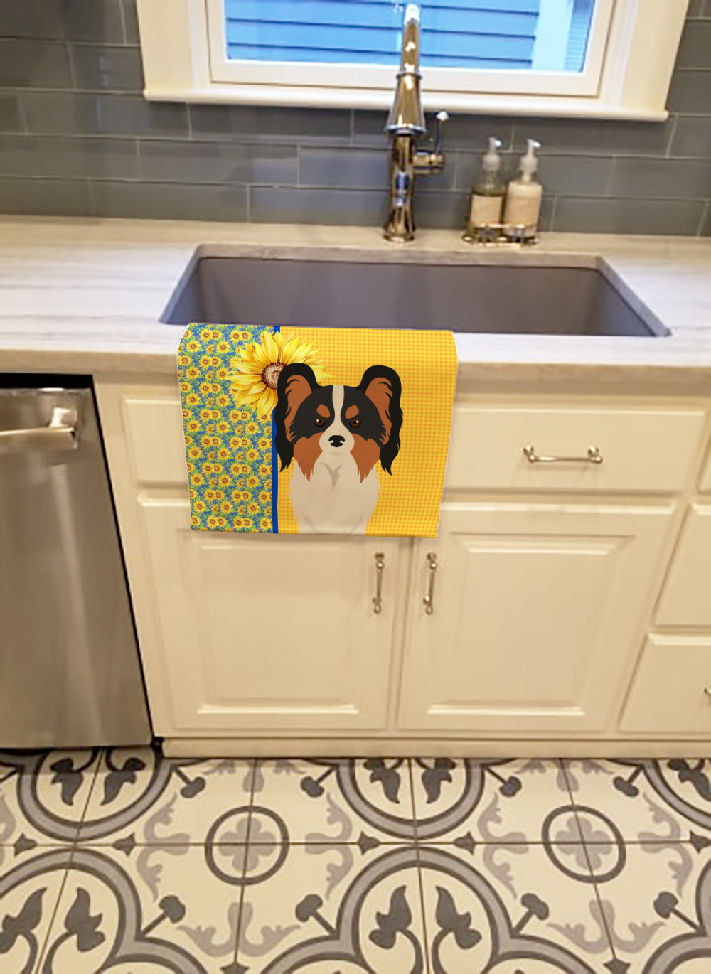 Summer Sunflowers Tricolor Papillon Kitchen Towel Velour Plush Front and Cotton Loop Back Machine Washable