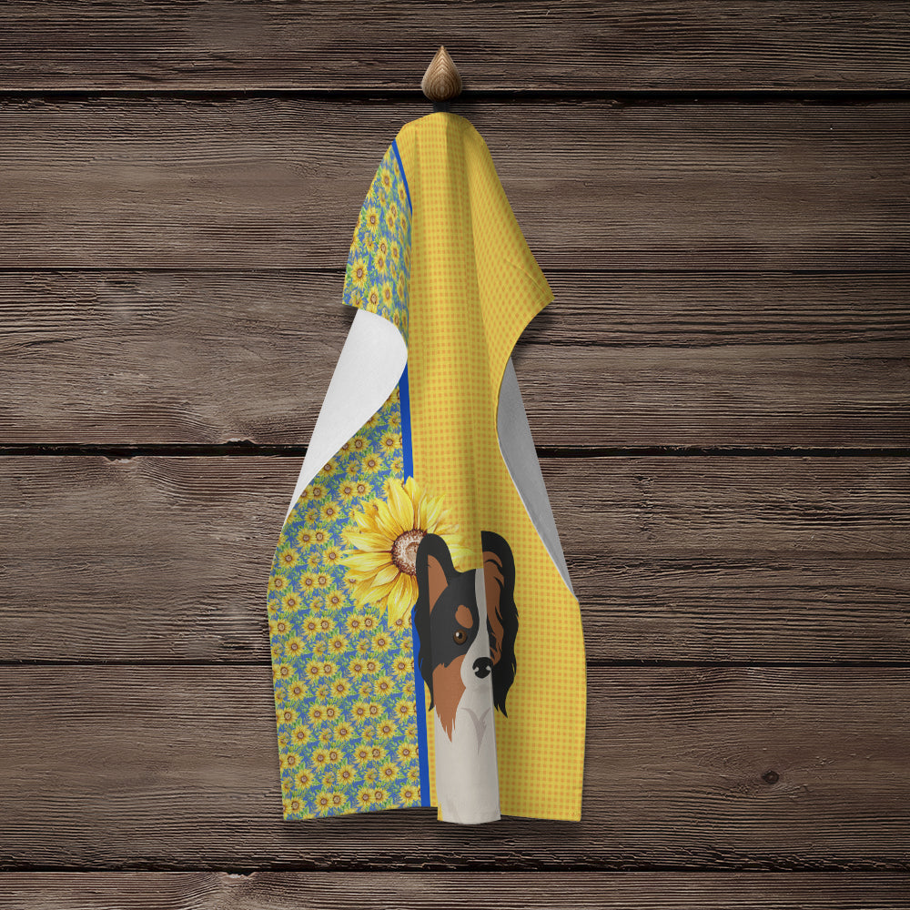 Summer Sunflowers Tricolor Papillon Kitchen Towel Velour Plush Front and Cotton Loop Back Machine Washable