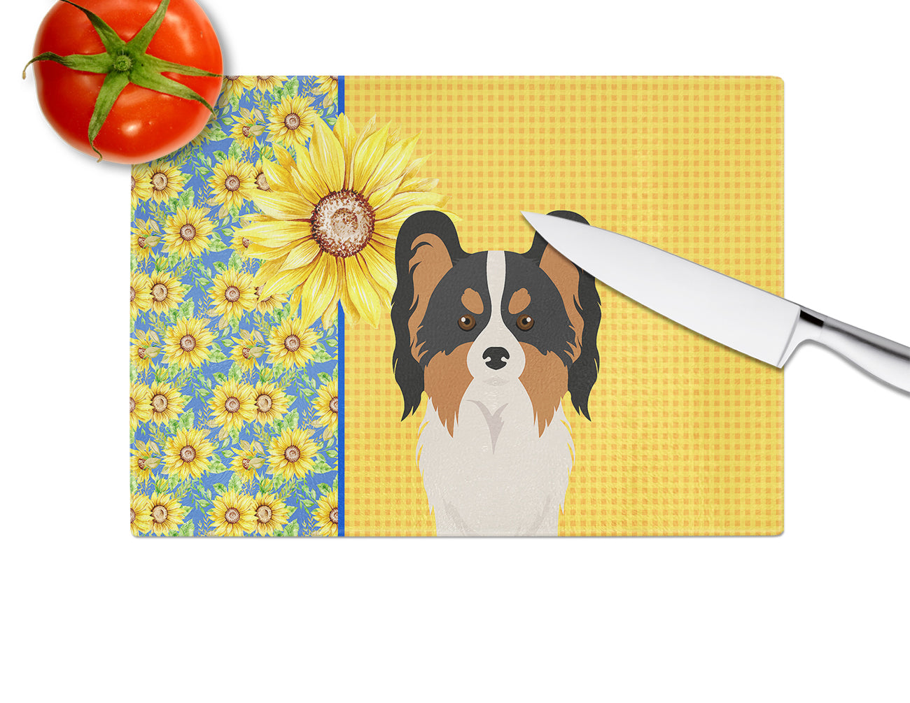 Summer Sunflowers Tricolor Papillon Cutting Board Tempered Glass Kitchen Cutting Surface, Heat Resistant Chopping, Non-Slip Feet, Food Prep & Serving