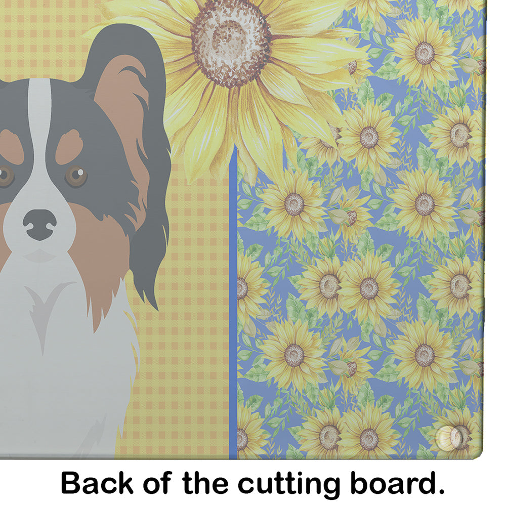 Summer Sunflowers Tricolor Papillon Cutting Board Tempered Glass Kitchen Cutting Surface, Heat Resistant Chopping, Non-Slip Feet, Food Prep & Serving