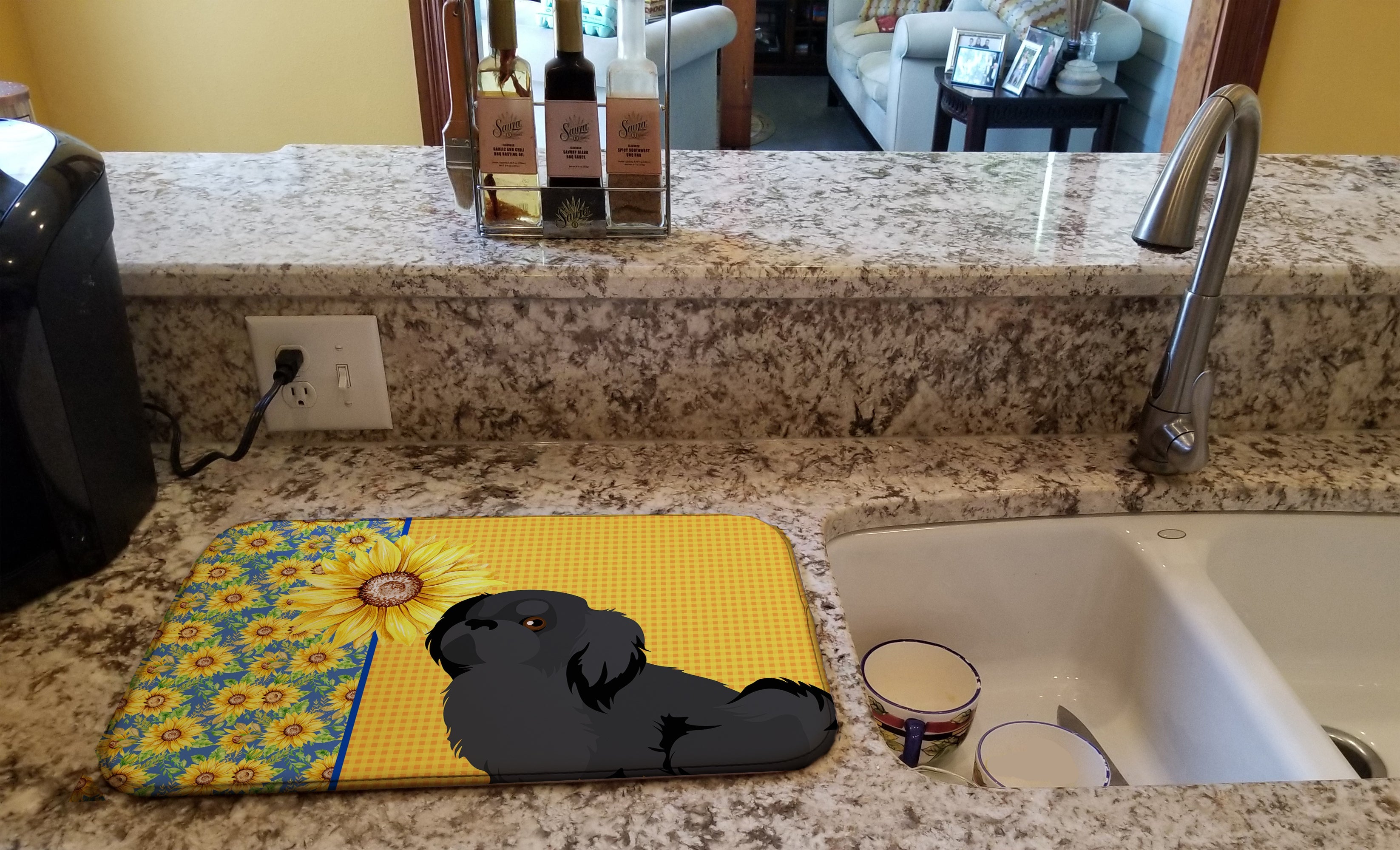 Summer Sunflowers Black Pekingese Dish Drying Mat Absorbent Dish Drying Mat Pad for Kitchen Counter Dish Drainer Mat for Countertop, 14 x 21", Multicolor