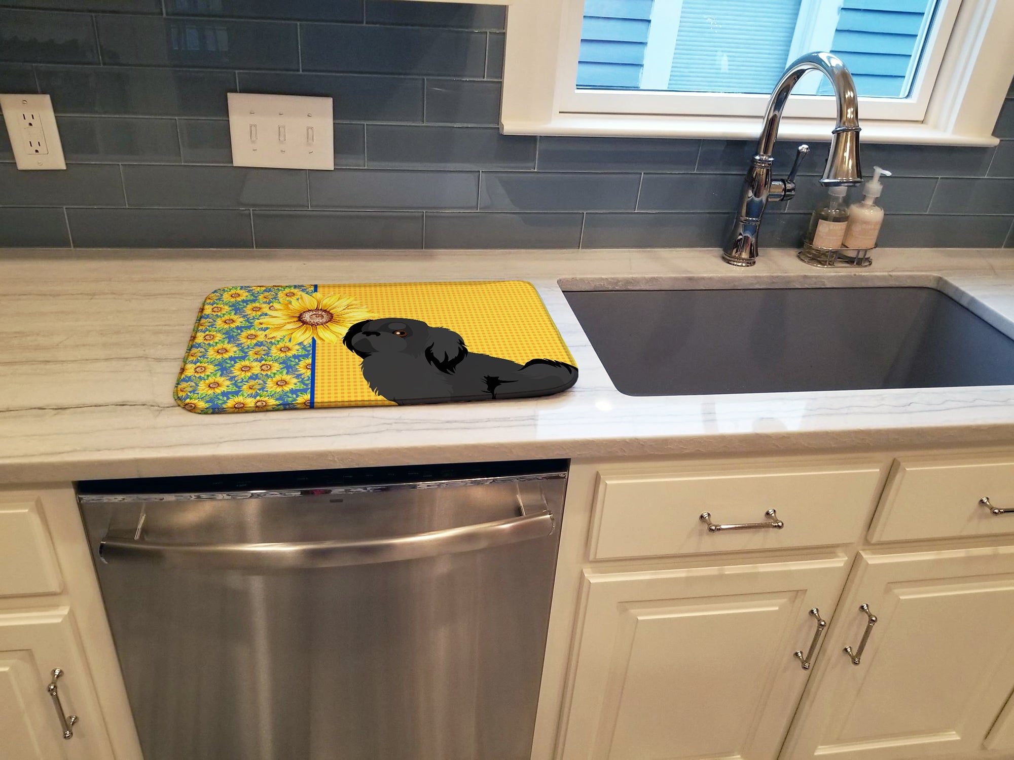 Summer Sunflowers Black Pekingese Dish Drying Mat Absorbent Dish Drying Mat Pad for Kitchen Counter Dish Drainer Mat for Countertop, 14 x 21", Multicolor