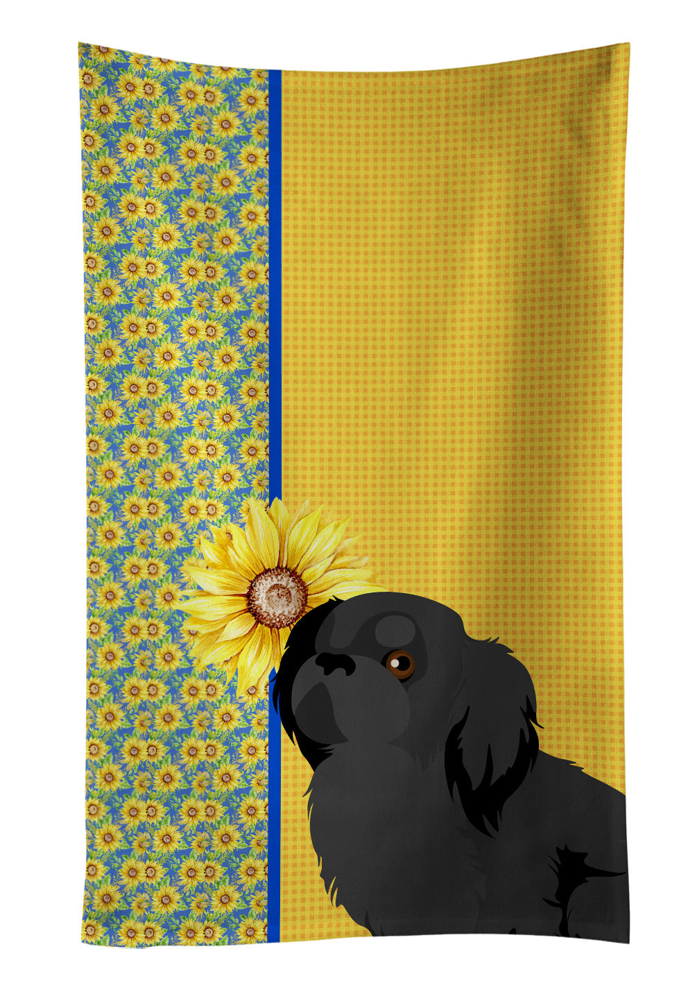 Summer Sunflowers Black Pekingese Kitchen Towel Velour Plush Front and Cotton Loop Back Machine Washable