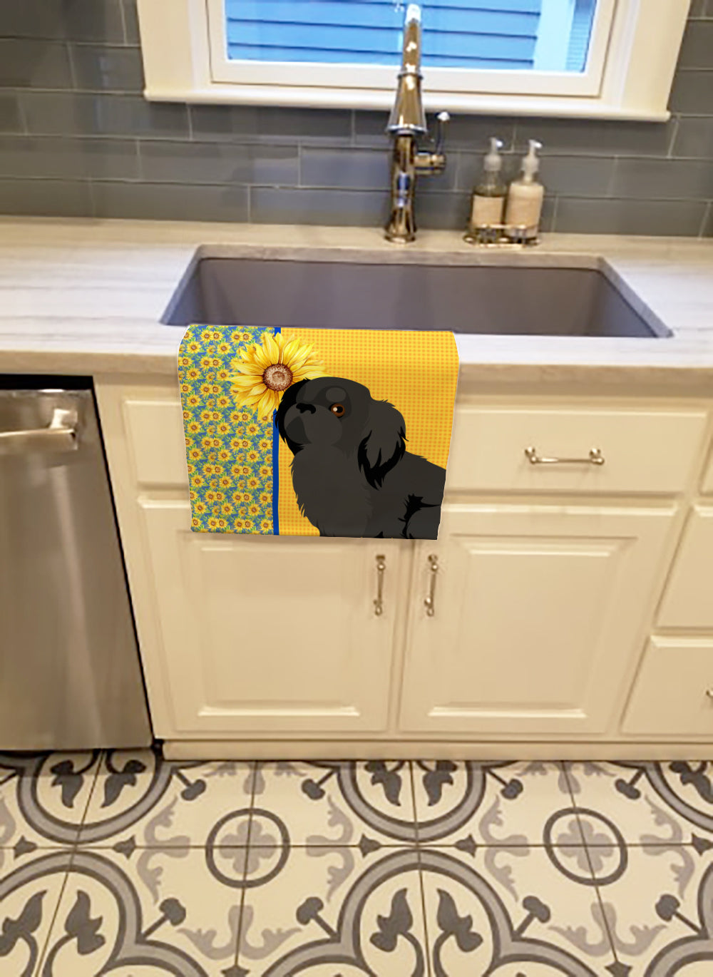 Summer Sunflowers Black Pekingese Kitchen Towel Velour Plush Front and Cotton Loop Back Machine Washable