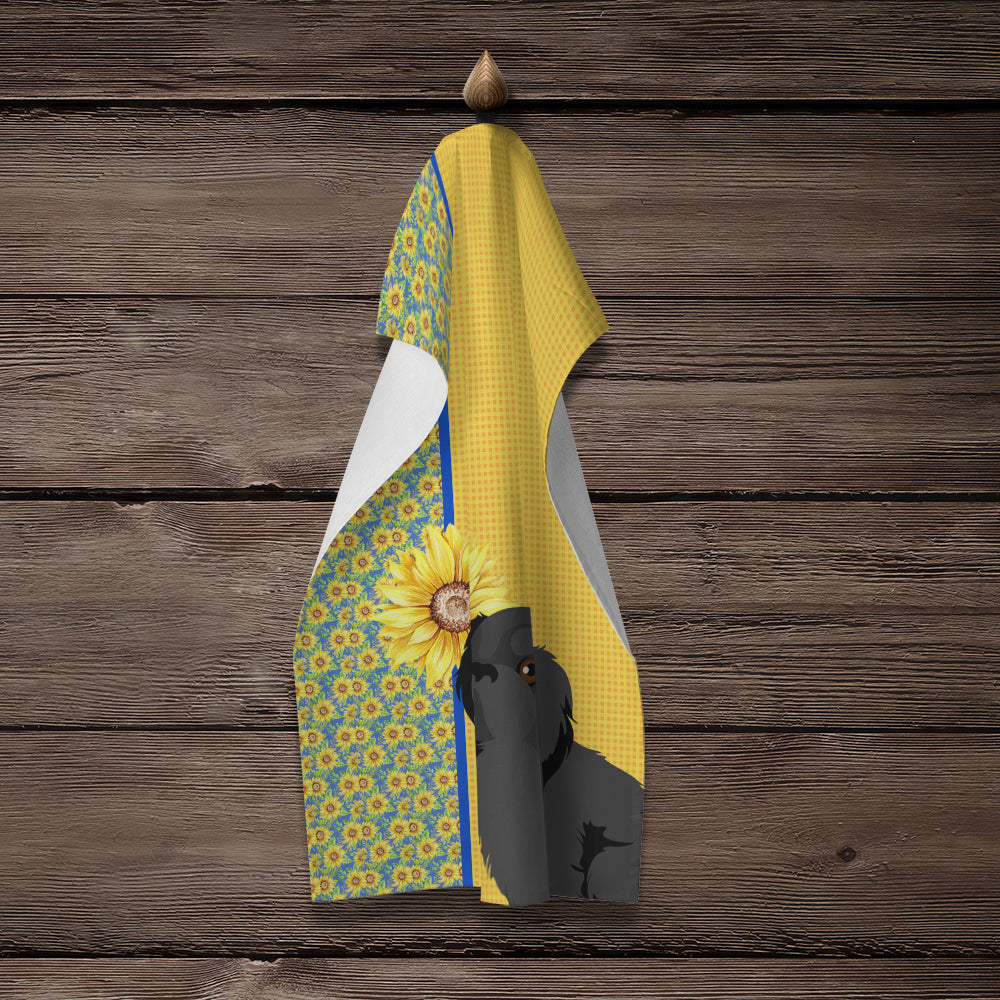 Summer Sunflowers Black Pekingese Kitchen Towel Velour Plush Front and Cotton Loop Back Machine Washable