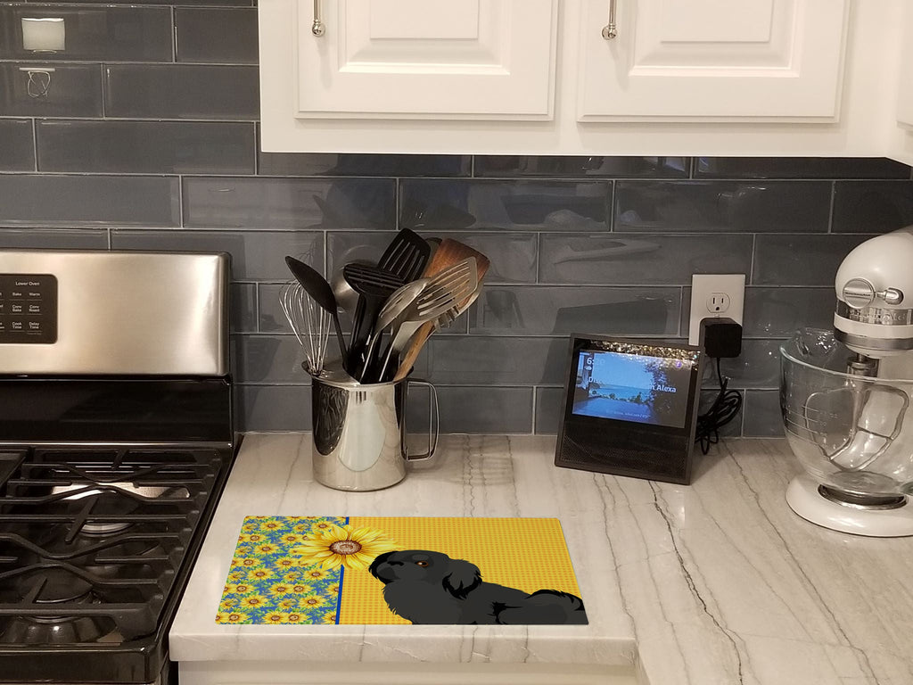 Summer Sunflowers Black Pekingese Cutting Board Tempered Glass Kitchen Cutting Surface, Heat Resistant Chopping, Non-Slip Feet, Food Prep & Serving