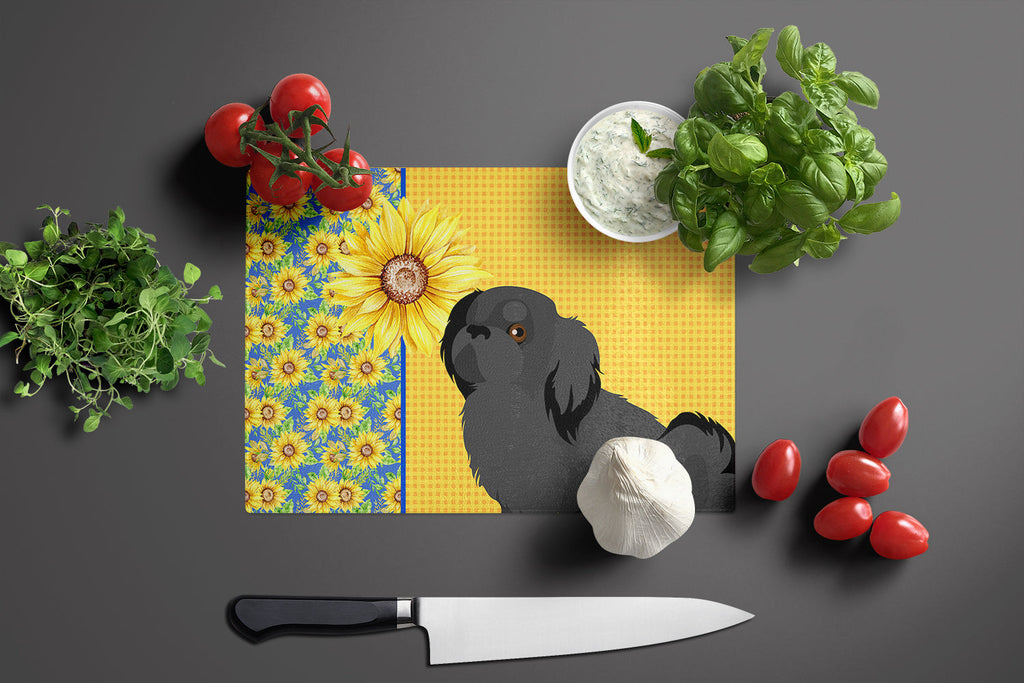 Summer Sunflowers Black Pekingese Cutting Board Tempered Glass Kitchen Cutting Surface, Heat Resistant Chopping, Non-Slip Feet, Food Prep & Serving