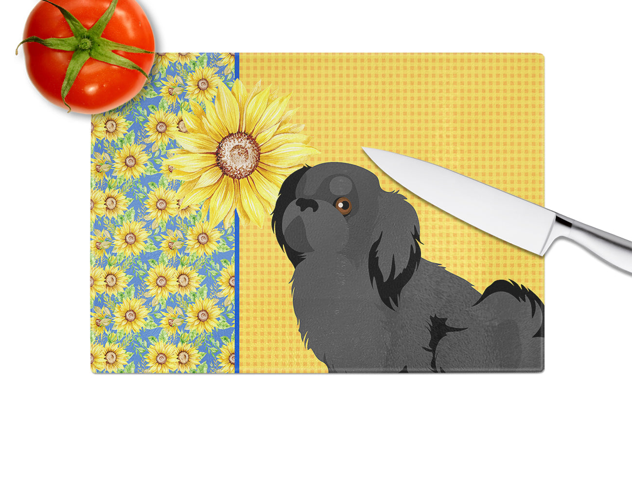 Summer Sunflowers Black Pekingese Cutting Board Tempered Glass Kitchen Cutting Surface, Heat Resistant Chopping, Non-Slip Feet, Food Prep & Serving