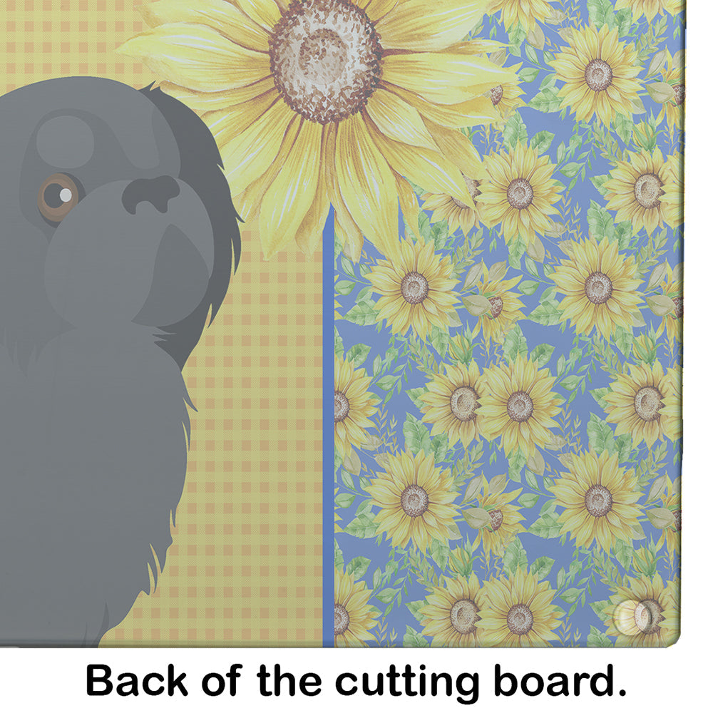 Summer Sunflowers Black Pekingese Cutting Board Tempered Glass Kitchen Cutting Surface, Heat Resistant Chopping, Non-Slip Feet, Food Prep & Serving