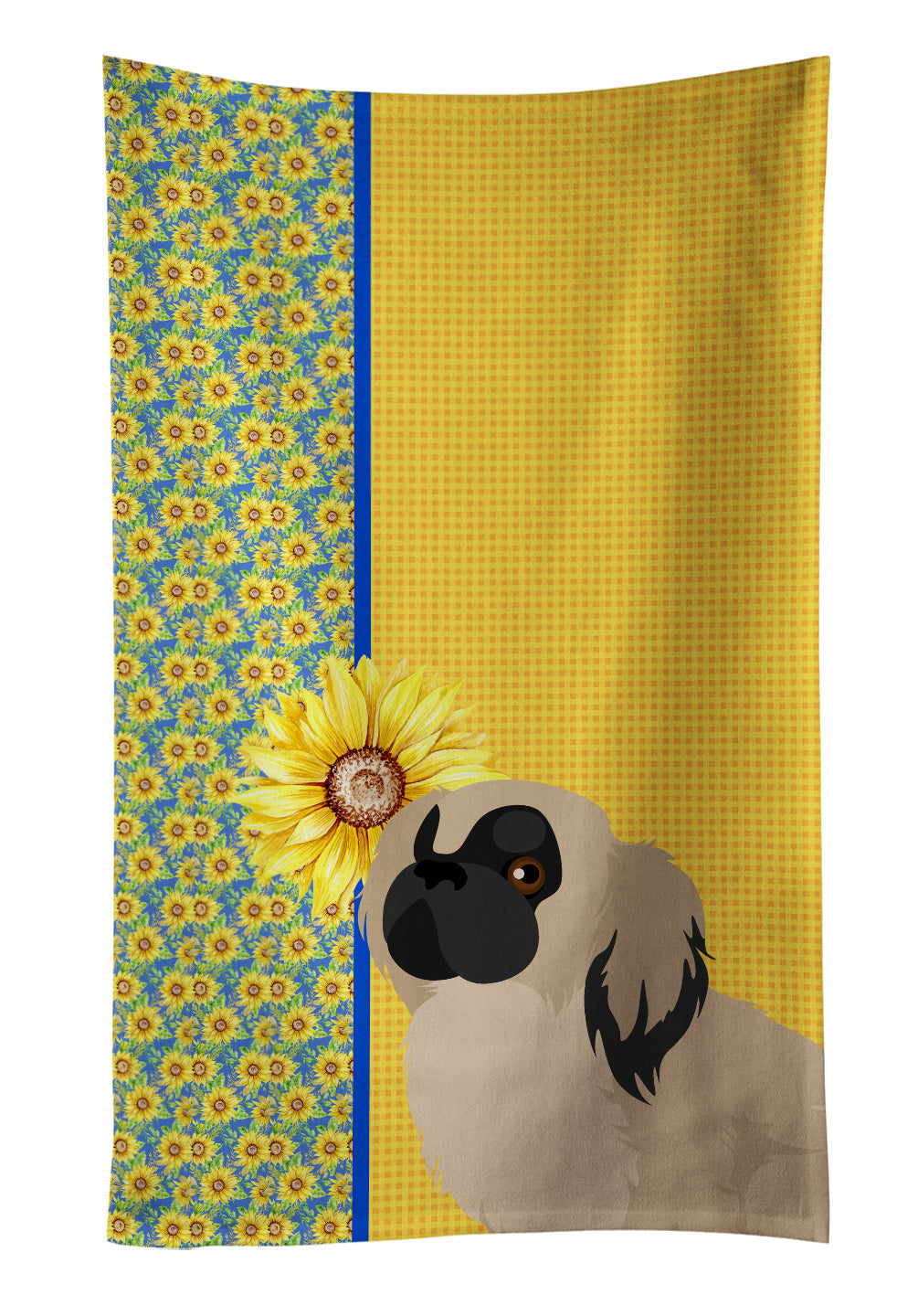 Summer Sunflowers Cream Pekingese Kitchen Towel Velour Plush Front and Cotton Loop Back Machine Washable