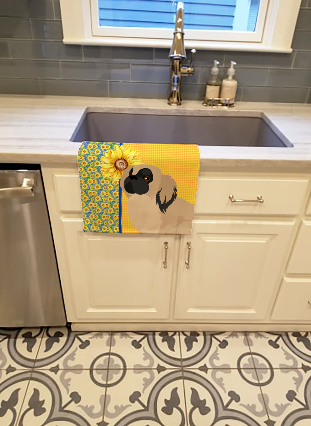 Summer Sunflowers Cream Pekingese Kitchen Towel Velour Plush Front and Cotton Loop Back Machine Washable