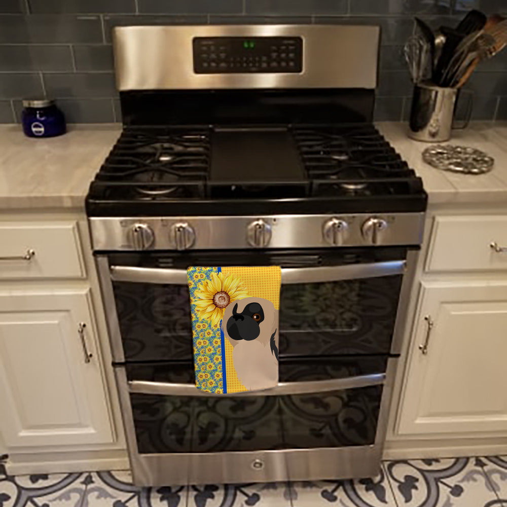 Summer Sunflowers Cream Pekingese Kitchen Towel Velour Plush Front and Cotton Loop Back Machine Washable