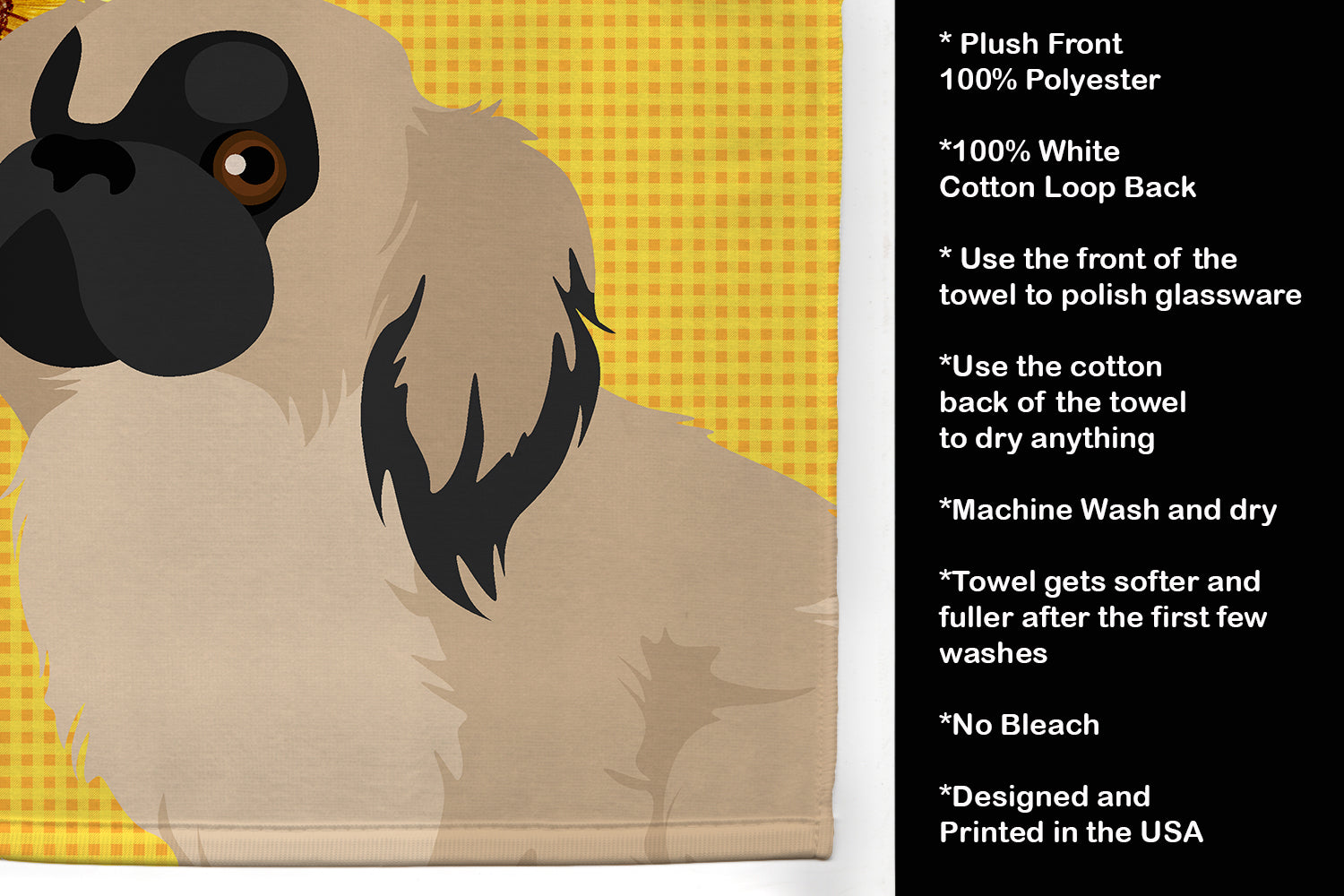 Summer Sunflowers Cream Pekingese Kitchen Towel Velour Plush Front and Cotton Loop Back Machine Washable