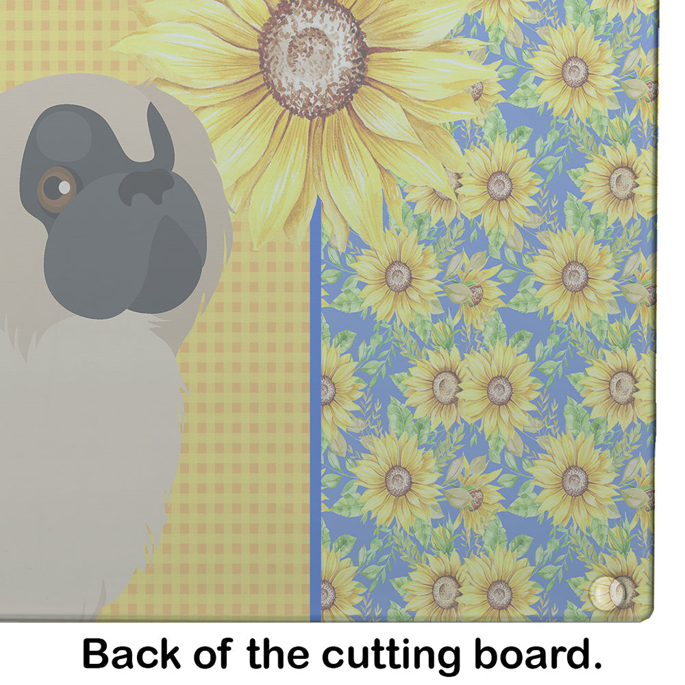 Summer Sunflowers Cream Pekingese Cutting Board Tempered Glass Kitchen Cutting Surface, Heat Resistant Chopping, Non-Slip Feet, Food Prep & Serving