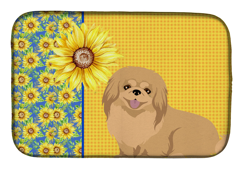 Summer Sunflowers Gold Pekingese Dish Drying Mat Absorbent Dish Drying Mat Pad for Kitchen Counter Dish Drainer Mat for Countertop, 14 x 21", Multicolor