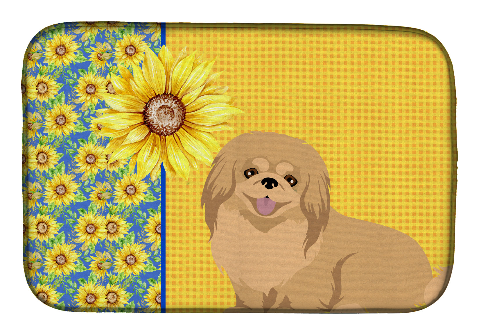Summer Sunflowers Gold Pekingese Dish Drying Mat Absorbent Dish Drying Mat Pad for Kitchen Counter Dish Drainer Mat for Countertop, 14 x 21", Multicolor