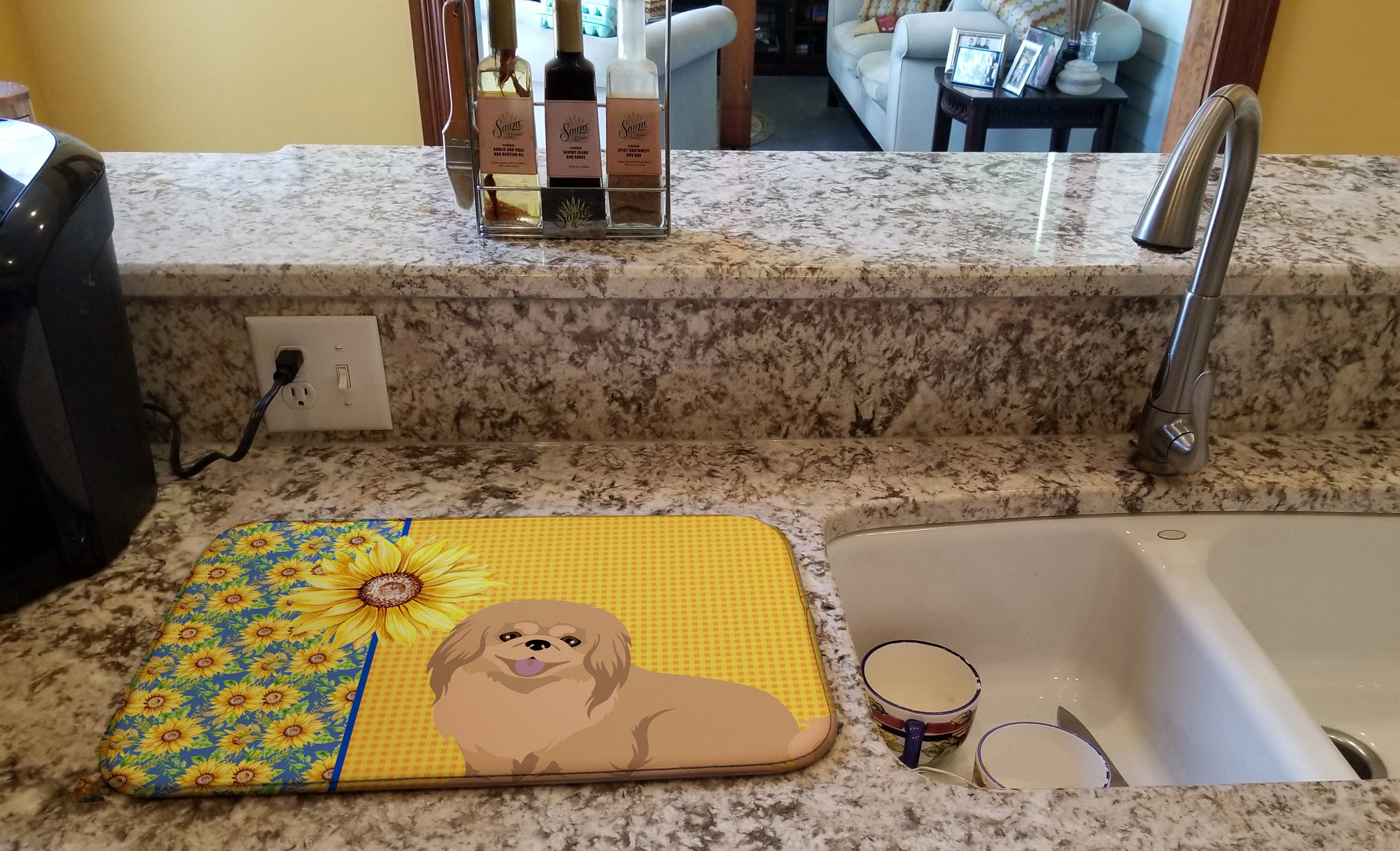 Summer Sunflowers Gold Pekingese Dish Drying Mat Absorbent Dish Drying Mat Pad for Kitchen Counter Dish Drainer Mat for Countertop, 14 x 21", Multicolor