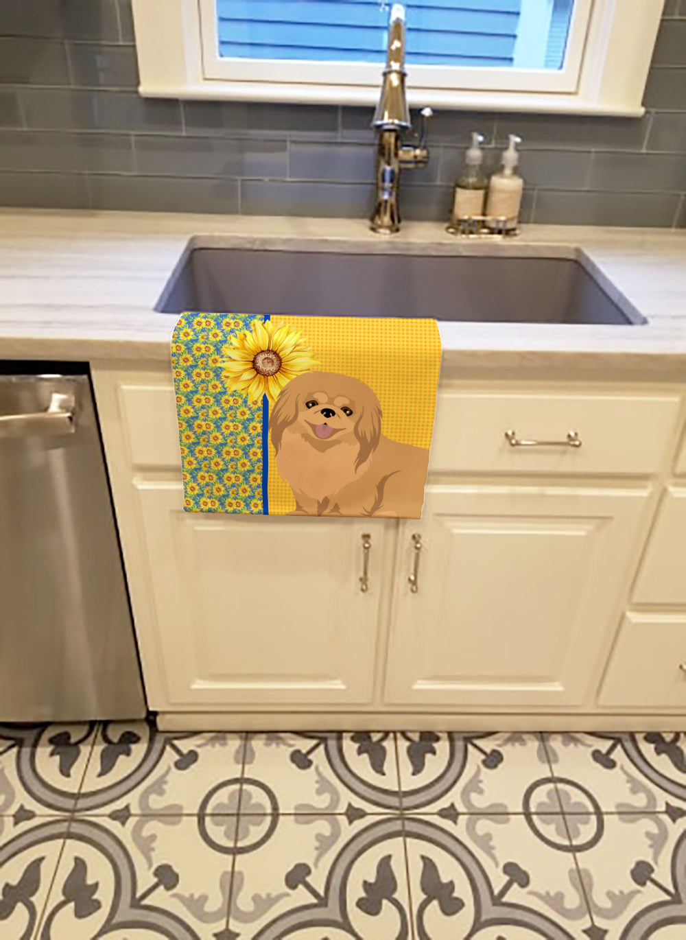 Summer Sunflowers Gold Pekingese Kitchen Towel Velour Plush Front and Cotton Loop Back Machine Washable